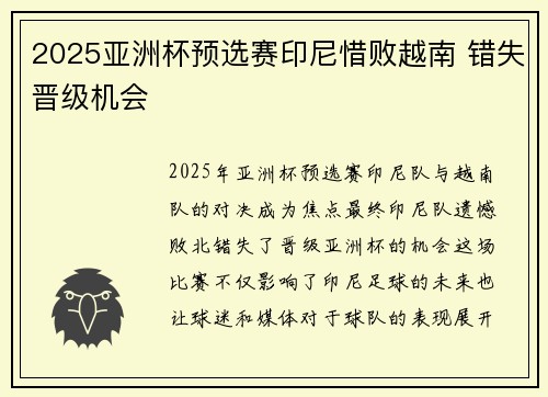 2025亚洲杯预选赛印尼惜败越南 错失晋级机会